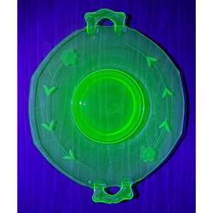 Glowing Green Uranium Glass – 1940s Etched‎ Floral Serving Plate with Handles